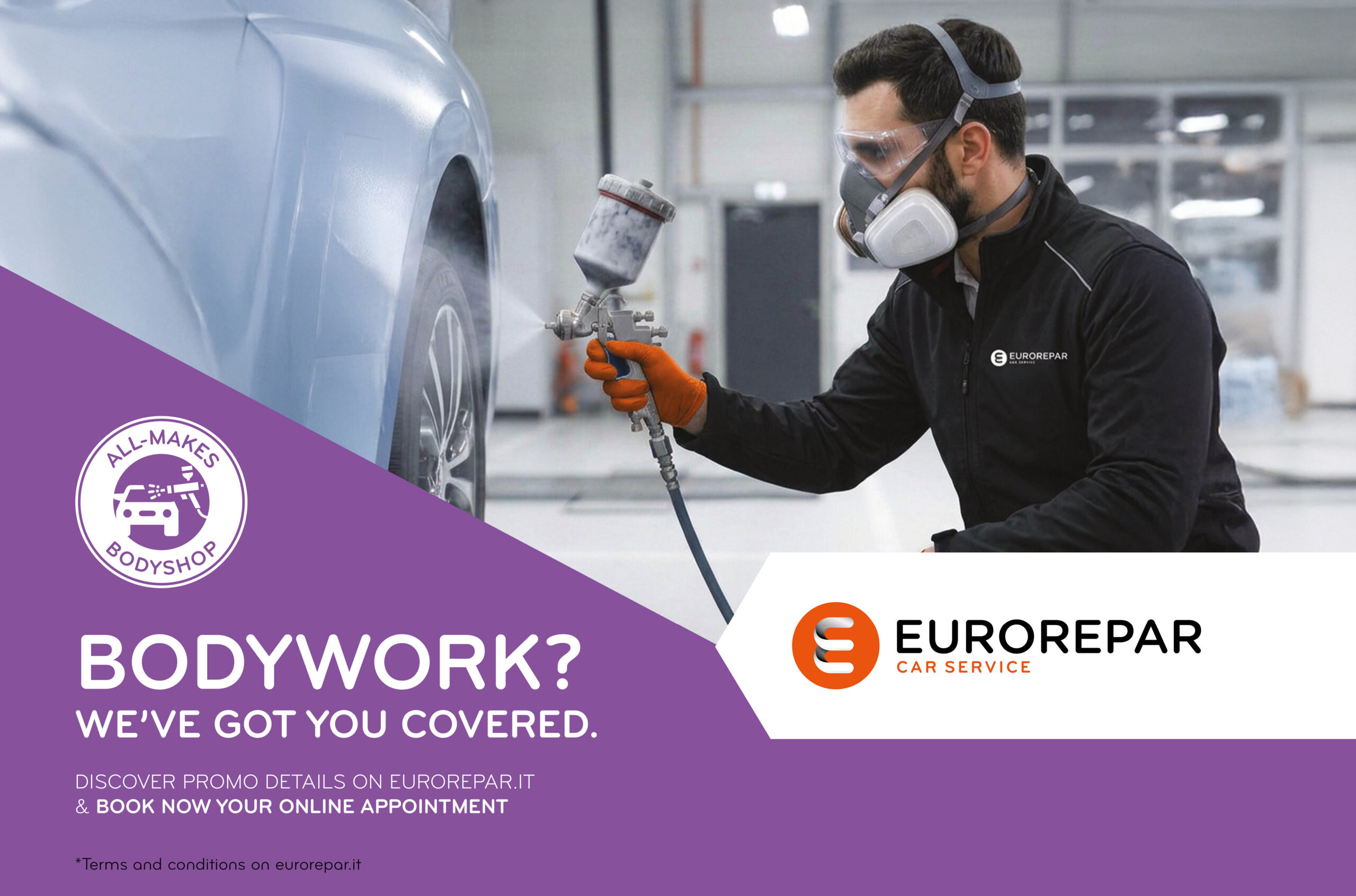 Técnico Eurorepar a realizar um trabalho de pintura automóvel